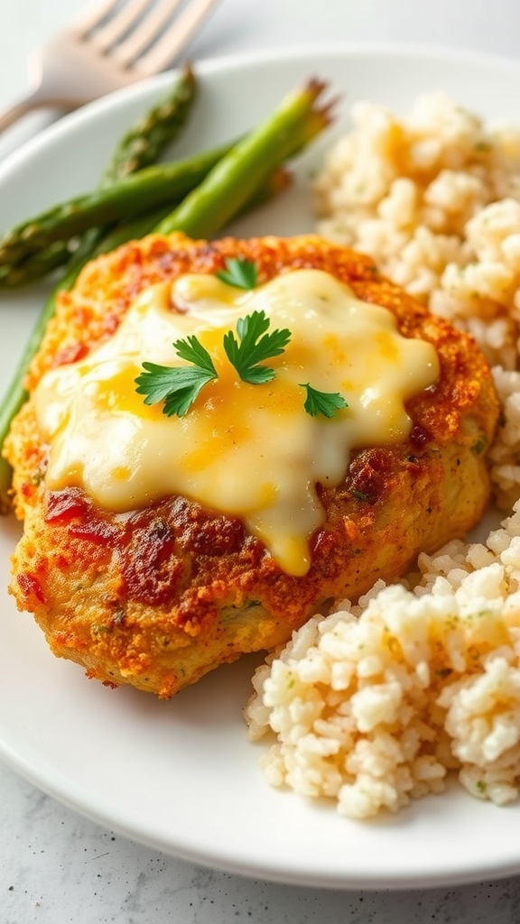 Crispy baked garlic cheddar chicken breast served with vegetables and rice on a white plate.